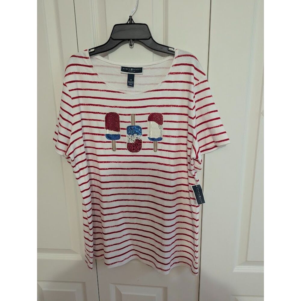 Karen Scott Americana rhinestone Popsicle Tee Plus 1X Patriotic *flaw